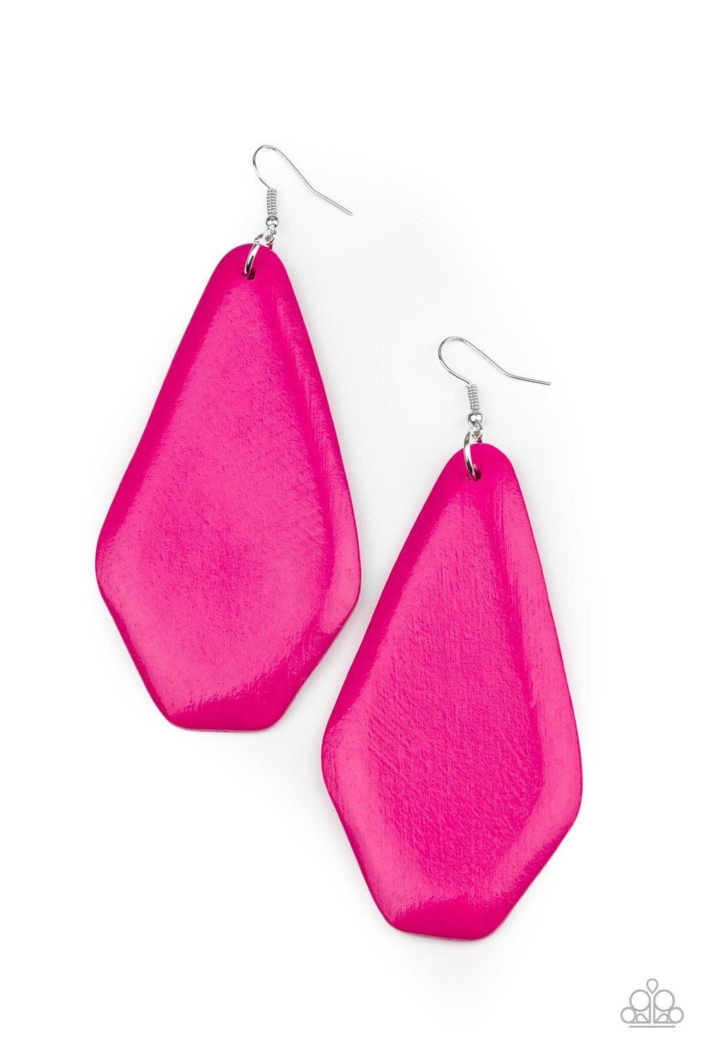 Paparazzi Accessories Vacation Ready ~Pink Brushed in a vivacious pink finish, an oversized wooden frame swings from the ear for an abstract statement-making look. Earring attaches to a standard fishhook fitting.