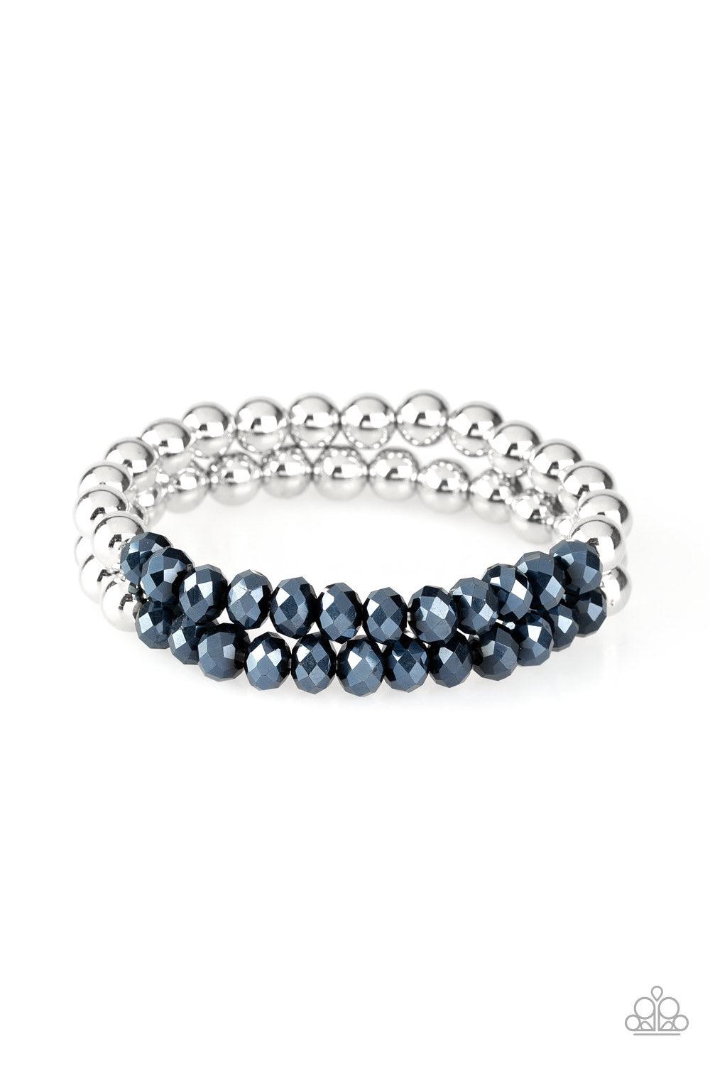 Paparazzi Accessories Chroma Color - Blue Dipped in a metallic shimmer, a collection of glittery blue crystal-like beads and shiny silver beads are threaded along two stretchy bands around the wrist for a refined look. Jewelry