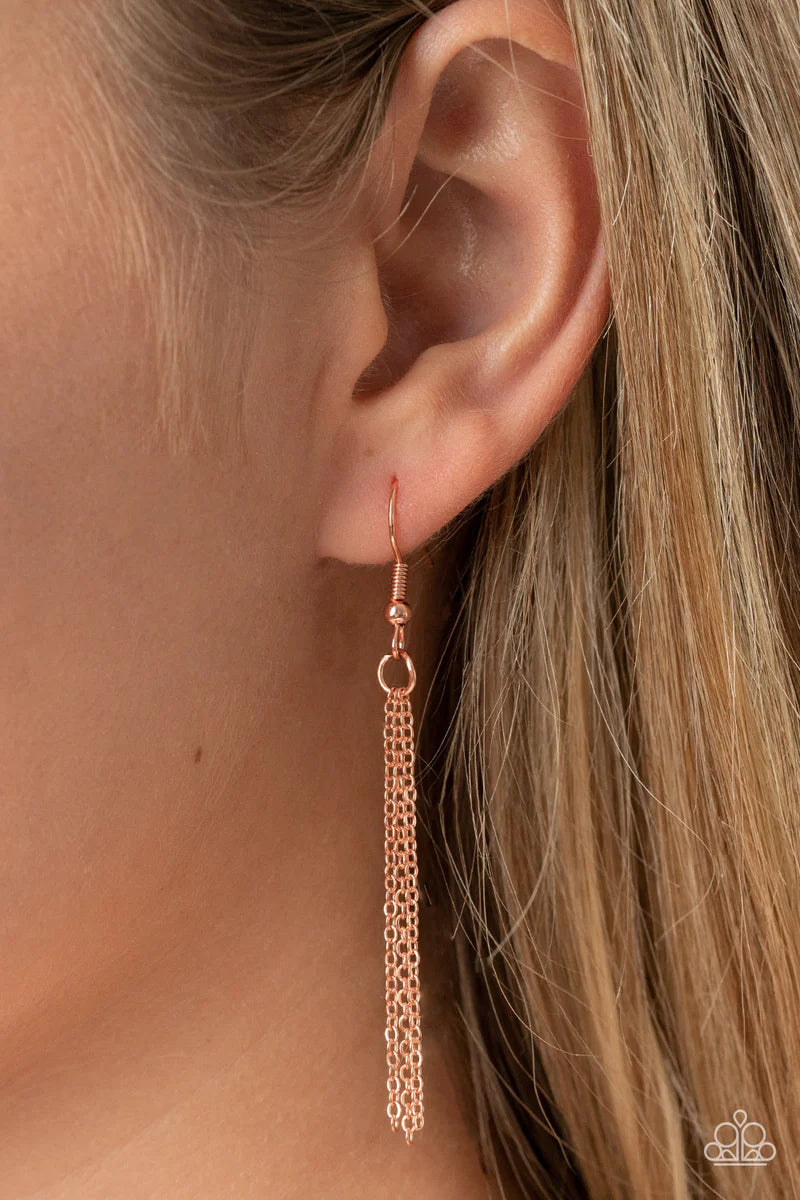 Paparazzi Accessories Interstellar Royal - Copper Encased in a shiny copper fitting, an iridescent teardrop gem glides along a dainty shiny copper chain below the collar for a stellar fashion. Features an adjustable clasp closure. Sold as one individual n