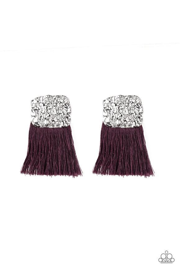 Paparazzi Accessories Plume Bloom - Purple A plume of shiny purple thread streams from the bottom of a hammered silver frame, creating a bold tasseled look. Earring attaches to a standard post fitting. Jewelry