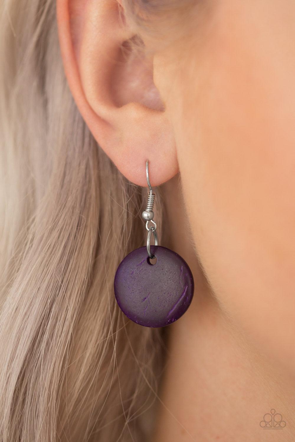 Paparazzi Accessories South Beach Summer - Purple Brushed in a distressed finish, purple and brown wooden beads trickle along three strands, creating a summery look down the chest. Features a button loop closure. Jewelry