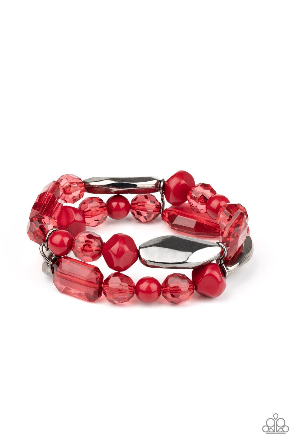 Paparazzi Accessories Rockin Rock Candy - Red Mismatched gunmetal, polished red, and crystal-like beads are threaded along interlocking stretchy bands for a whimsical look. Sold as one individual bracelet. Jewelry