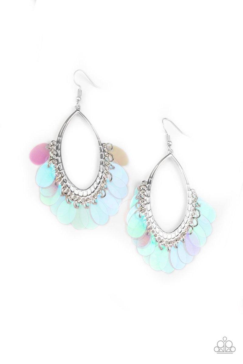 Paparazzi Accessories Mermaid Magic - Multi Iridescent sequins dangle from the bottom of a textured silver oval, creating an effervescent fringe. Earring attaches to a standard fishhook fitting. Sold as one pair of earrings. Jewelry