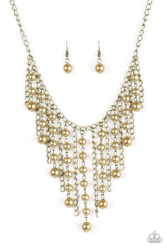 Paparazzi Accessories STUN Control - Brass Pearly brass beads trickle along strands of glistening brass chains, creating a tapered fringe below the collar. Features an adjustable clasp closure. Sold as one individual necklace. Includes one pair of matchin