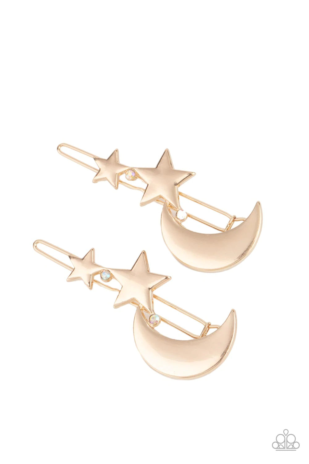 Paparazzi Accessories At First Twilight - Gold Infused with dainty iridescent rhinestones, a pair of shiny gold stars and a gold half moon join into a stellar frame. Features clamp barrette closures. Sold as one pair of barrettes. Hair Pins