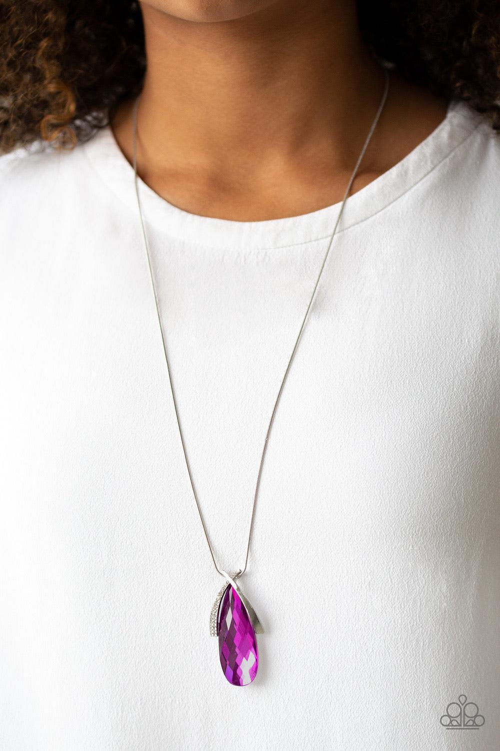 Paparazzi Accessories Stellar Sophistication - Pink A white rhinestone encrusted frame and smooth silver frame overlap at the top of a faceted pink teardrop gem, creating a dramatic pendant. The refined pendant swings from the bottom of a rounded snake ch