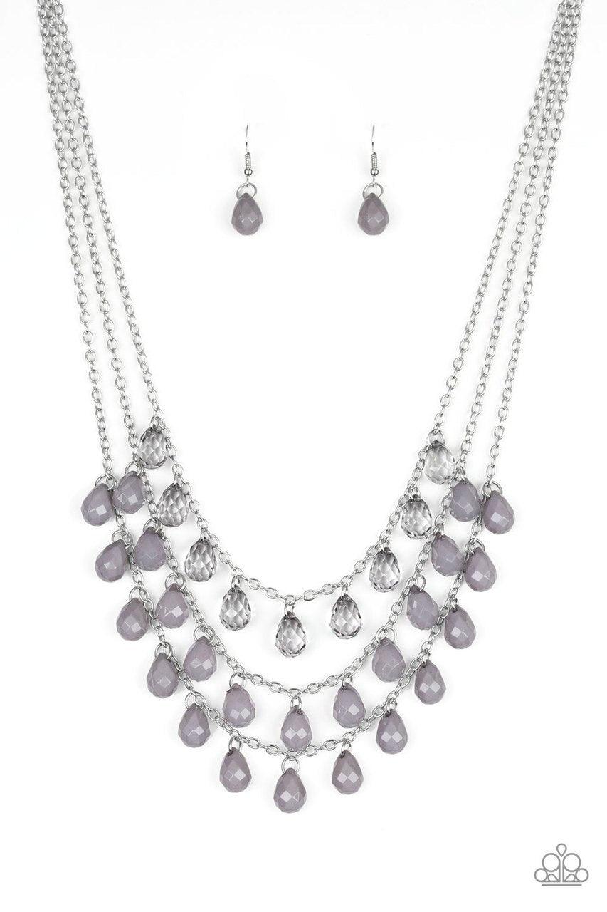 Paparazzi Accessories Melting Ice Caps - Silver Featuring sparkling faceted finishes, layers of smoky, opaque, and gray teardrop beads cascade below the collar for a whimsical ombre effect. Features an adjustable clasp closure. Sold as one individual neck