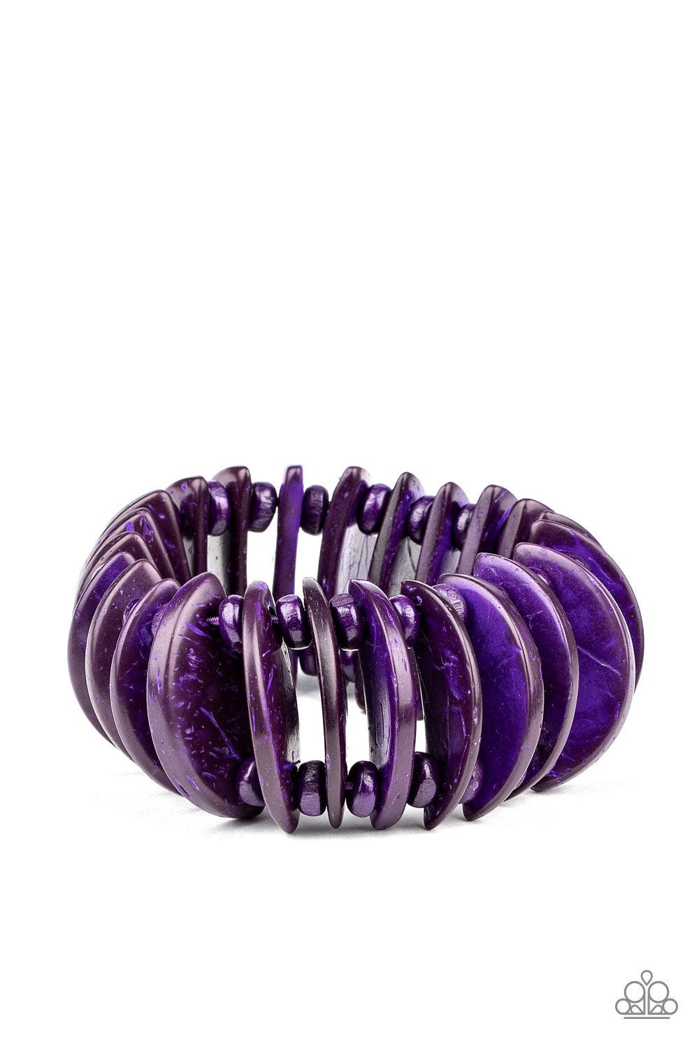 Paparazzi Accessories Tropical Tiki Bar ~Purple Infused with purple wooden beads, distressed purple wooden crescents are threaded along stretchy bands around the wrist for a summery look. Sold as one individual bracelet.