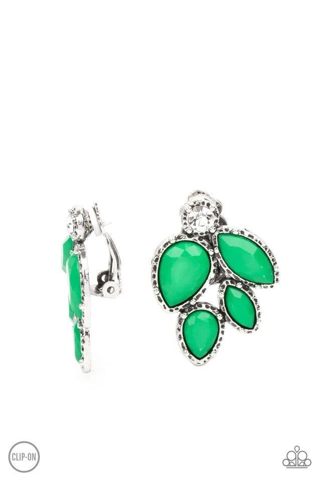 Paparazzi Accessories Fancy Foliage - Green. *Clip-On Featuring a dainty white rhinestone, faceted Mint teardrop and marquise beads are pressed into hammered silver fittings that coalesce into a leafy frame. Earring attaches to a standard clip-on fitting.