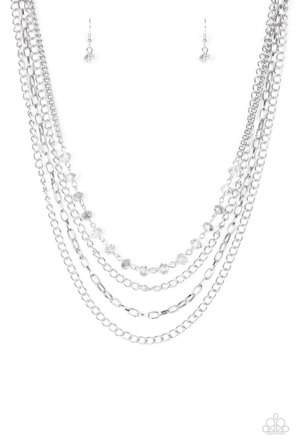 Paparazzi Accessories Extravagant Elegance - Silver Mismatched silver chains layer down the chest. A strand of faceted smoky and metallic gems join below the collar for a glamorous look. Features an adjustable clasp closure. Sold as one individual necklac