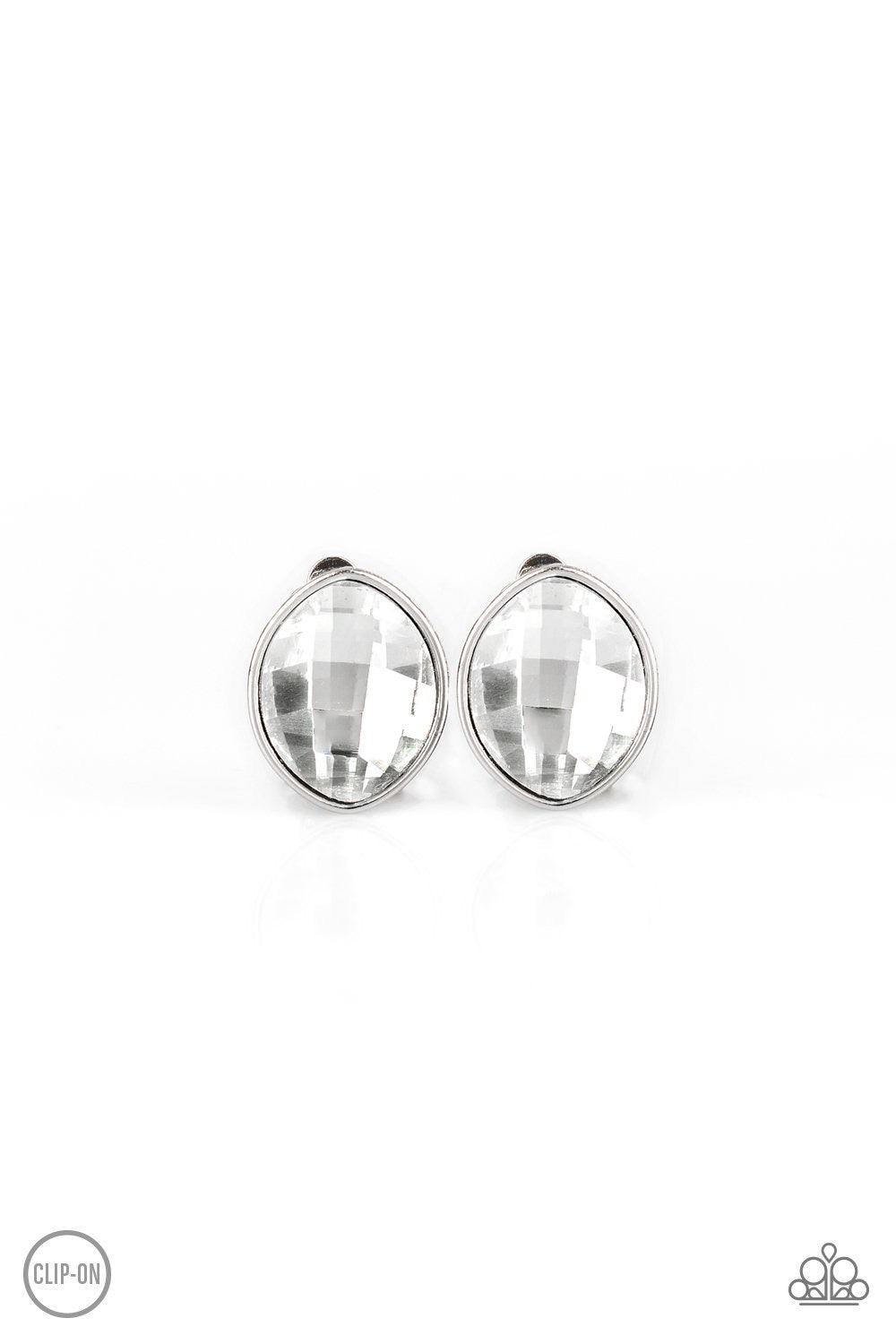 Paparazzi Accessories Movie Star Sparkle - White *Clip-On Featuring a faceted finish, an oversized marquise-shaped gem is nestled in a sleek silver frame for an undeniably statement-making look. Earring attaches to a standard clip-on fitting. Jewelry