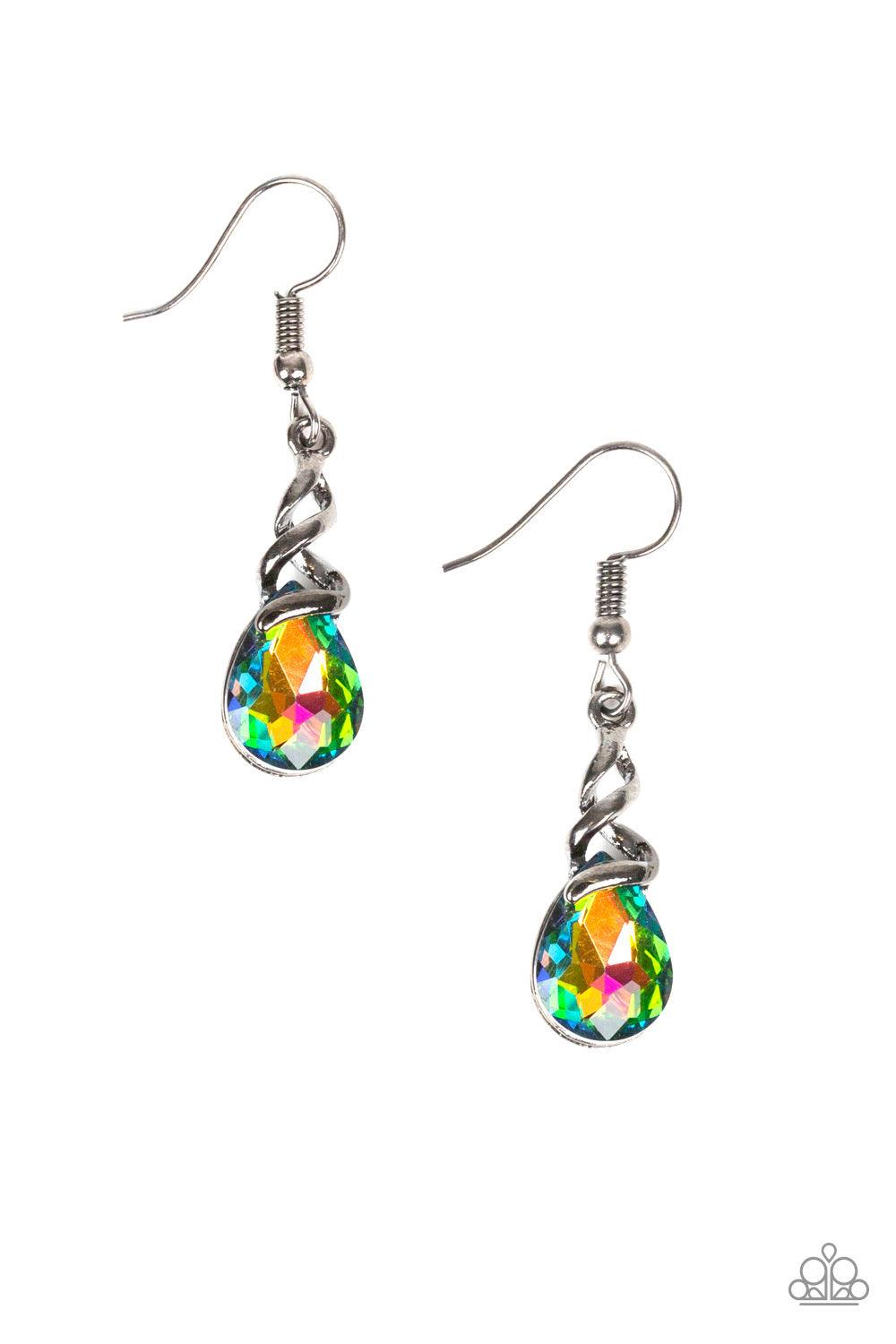 Paparazzi Accessories Totally Timeless - Muti A shimmery gunmetal wire-like frame wraps around the top of a glittery rainbow teardrop gem, creating a timeless piece. Earring attaches to a standard fishhook fitting. Jewelry