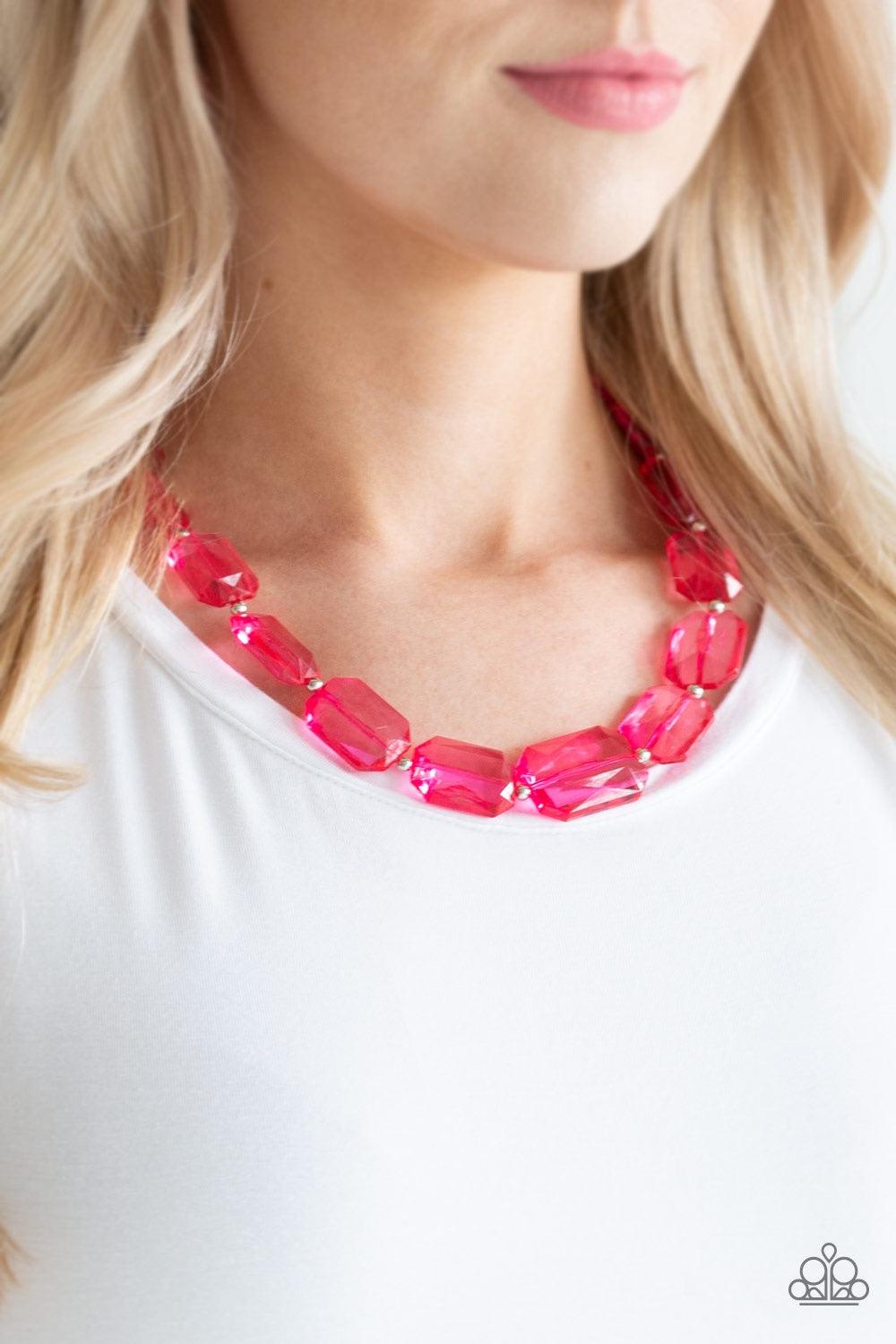 Paparazzi Accessories ICE Versa - Pink Infused with dainty silver beads, glassy pink emerald-cut beads gradually increase in size as they drape below the collar. Features an adjustable clasp closure. Jewelry