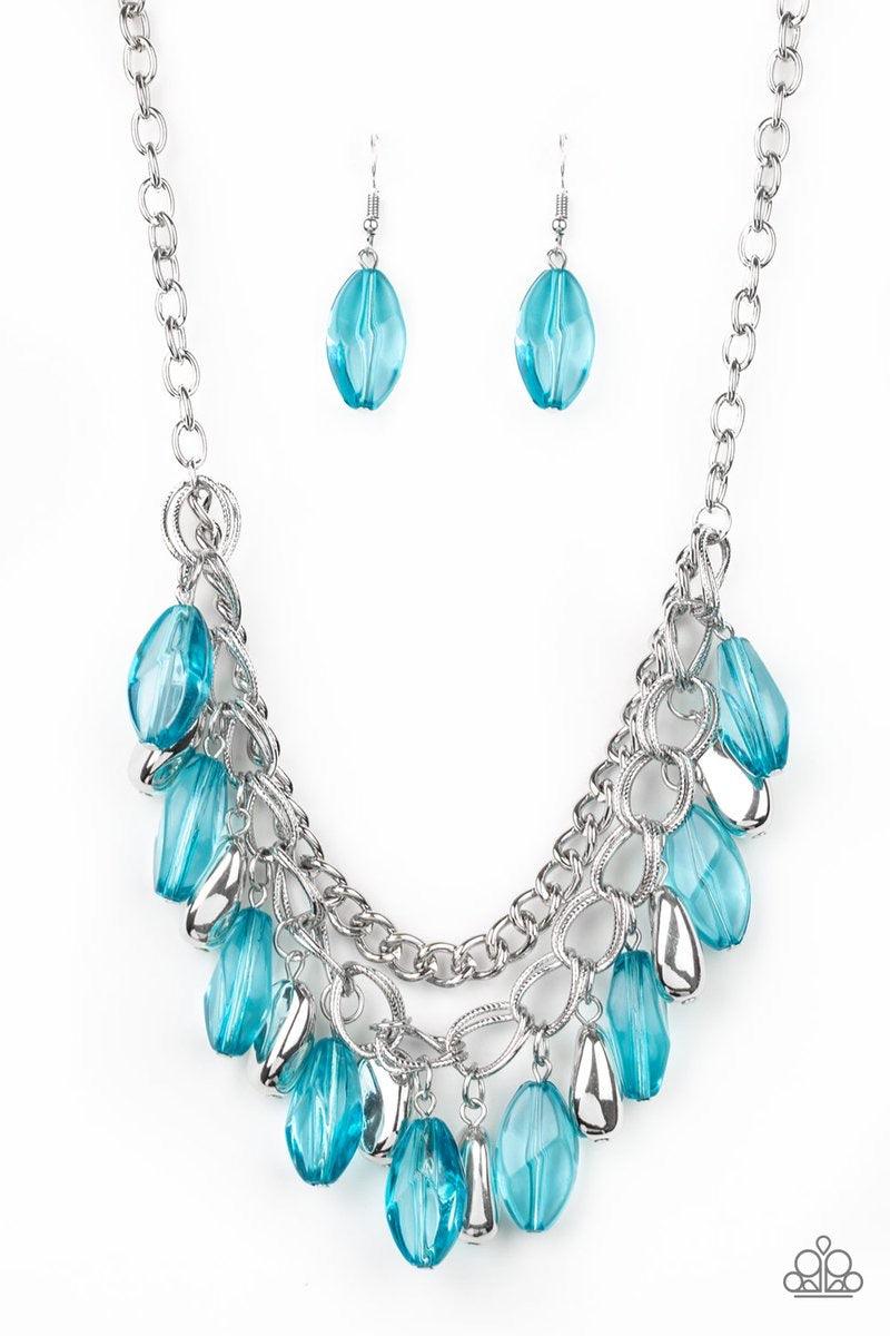 Paparazzi Accessories Spring Daydream - Blue Infused with a row of thick silver chain, faceted silver and glassy blue beads swing from the bottom of ornate silver links, creating a vivacious fringe below the collar. Features an adjustable clasp closure. J