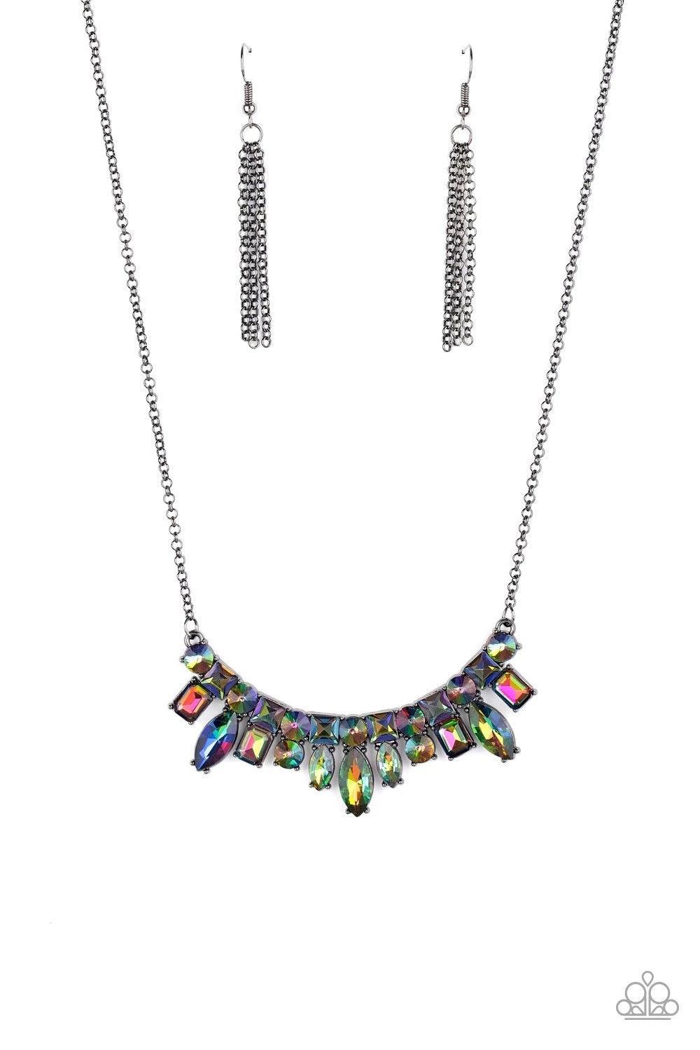 Paparazzi Accessories Wish Upon a ROCK STAR - Multi A collision of round, square, emerald, and marquise cut oil spill rhinestones coalesce into a dazzling pendant below the collar for an edgy elegance. Features an adjustable clasp closure. Sold as one ind