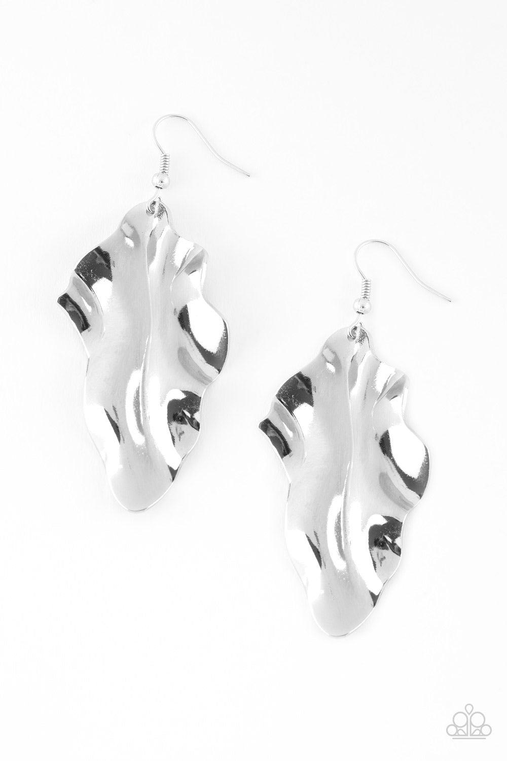 Paparazzi Accessories Fall Into Fall - Silver Brushed in a high-sheen finish, a rippling silver leaf-like frame falls from the ear for a seasonal look. Earring attaches to a standard fishhook fitting. Sold as one pair of earrings. Jewelry
