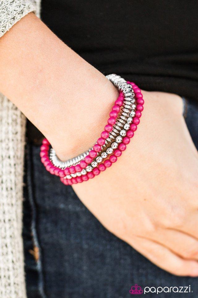 Paparazzi Accessories Colorfully Chromatic - Pink Refreshing pink, faceted silver, and square silver beads are threaded along stretchy elastic bands, creating colorful mismatched layers across the wrist. Jewelry