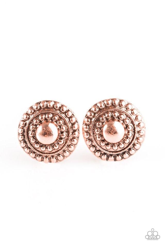 Paparazzi Accessories Call it Karma - Copper Shiny copper studs spin around a shiny copper circle, creating a bright display radiating with shimmery texture. Earring attaches to a standard post fitting. Sold as one pair of post earrings. Jewelry