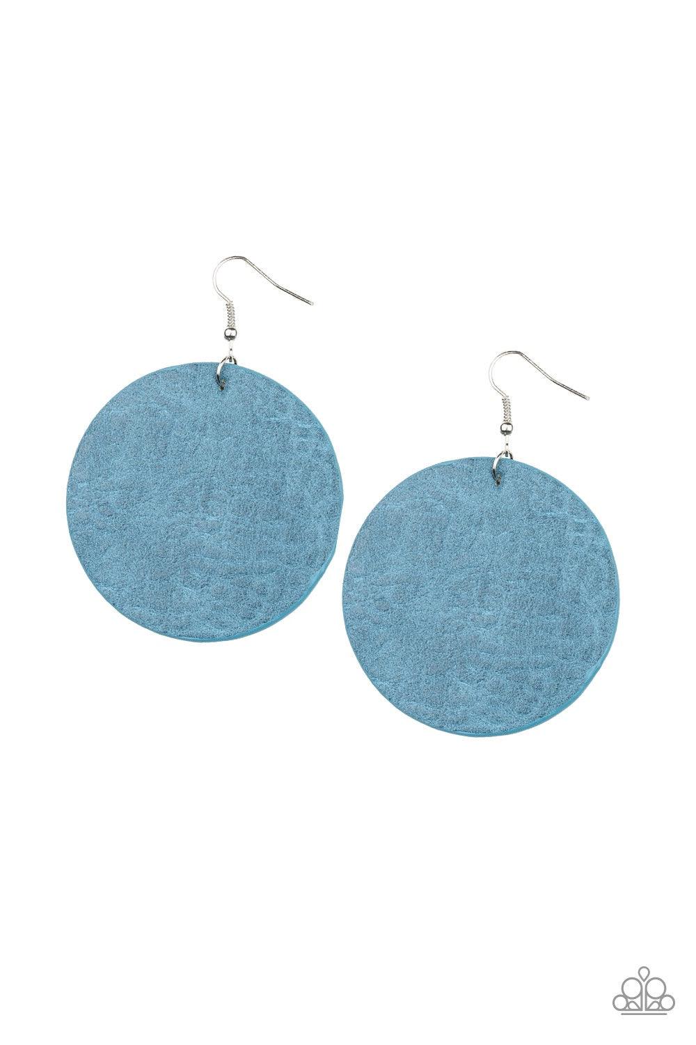 Paparazzi Accessories Trend Friends - Blue Featuring a textured finish, a refreshing Bluestone leather frame swings from the ear for a trendy look. Earring attaches to a standard fishhook fitting. Jewelry