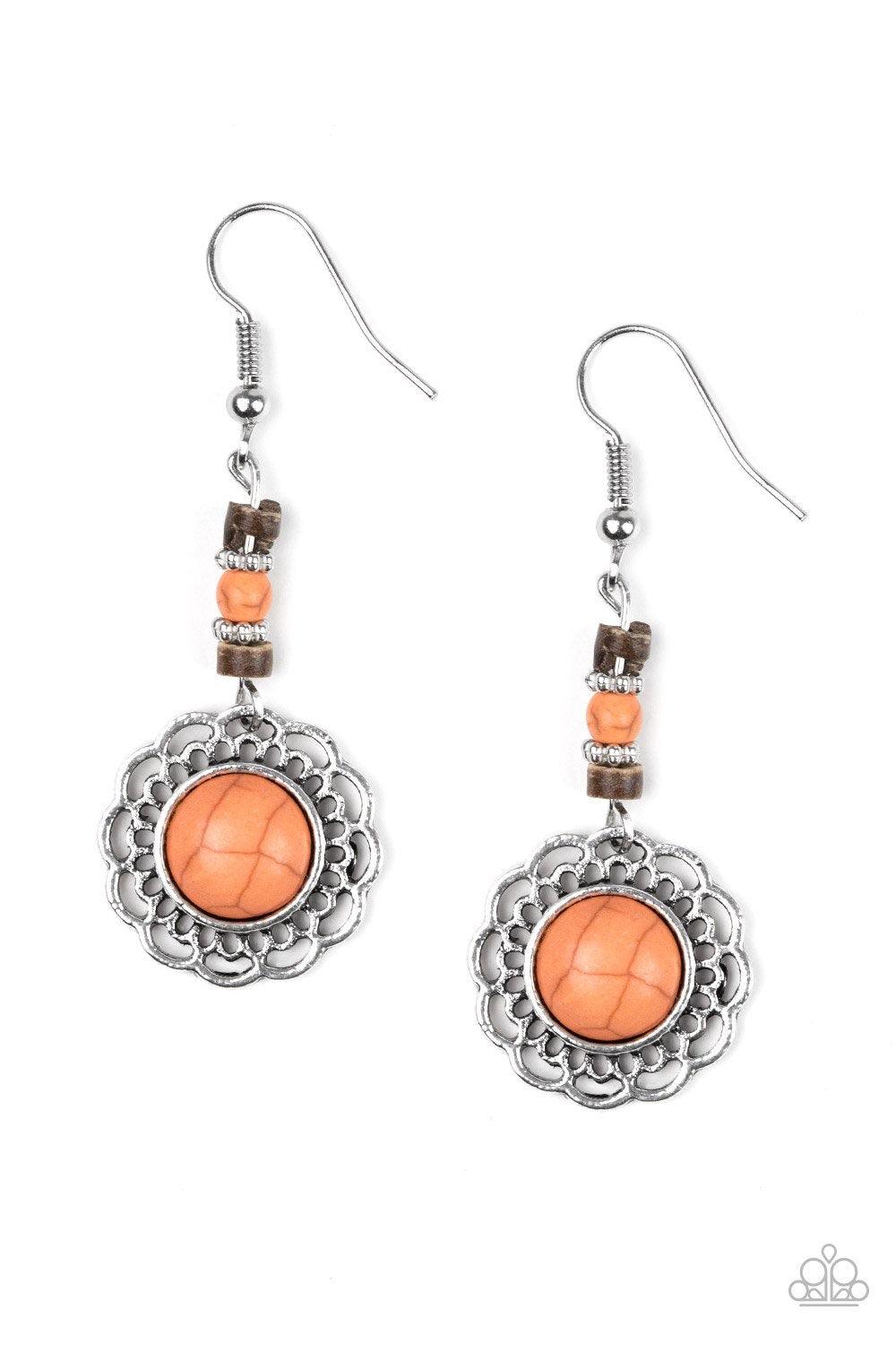 Paparazzi Accessories Desert Bliss - Orange Dainty silver, orange stone, and wooden beads give way to a shimmery silver floral frame featuring a matching stone center for a seasonal look. Earring attaches to a standard fishhook fitting. Jewelry