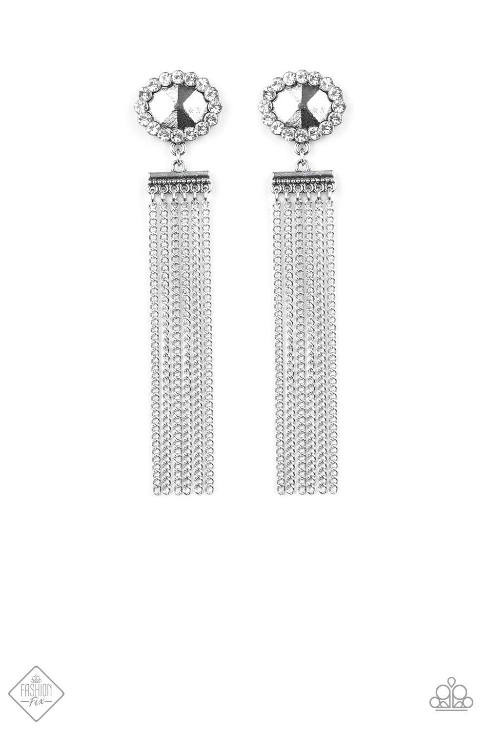 Paparazzi Accessories Tassel Throwback - Silver Silver chains stream from the bottom of a faceted silver bead that has been nestled inside a ring of glittery white rhinestones, creating a flirtatious tassel. Earring attaches to a standard post fitting. Je