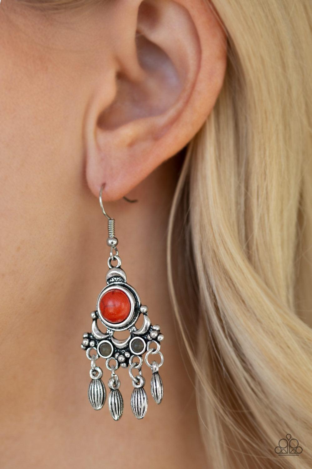 Paparazzi Accessories No Place Like HOMESTEAD - Multi Dotted with earthy orange and gray stone accents, an ornate silver frame gives way to a silver beaded fringe for a seasonal look. Earring attaches to a standard fishhook fitting. Jewelry