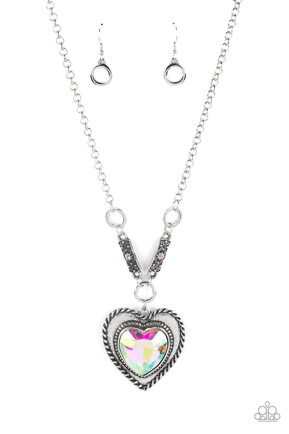Paparazzi Accessories LOP: April 2022 Complete Pack - Cold as Ice (White Hoop Earrings) - Farmstead Meadow (Flower Earring) - Heart Full of Fabulous (Heart Iridescent Necklace - Hypnotic Twinkle (Necklace) - Scattered sensation (Ring) Jewelry Sets