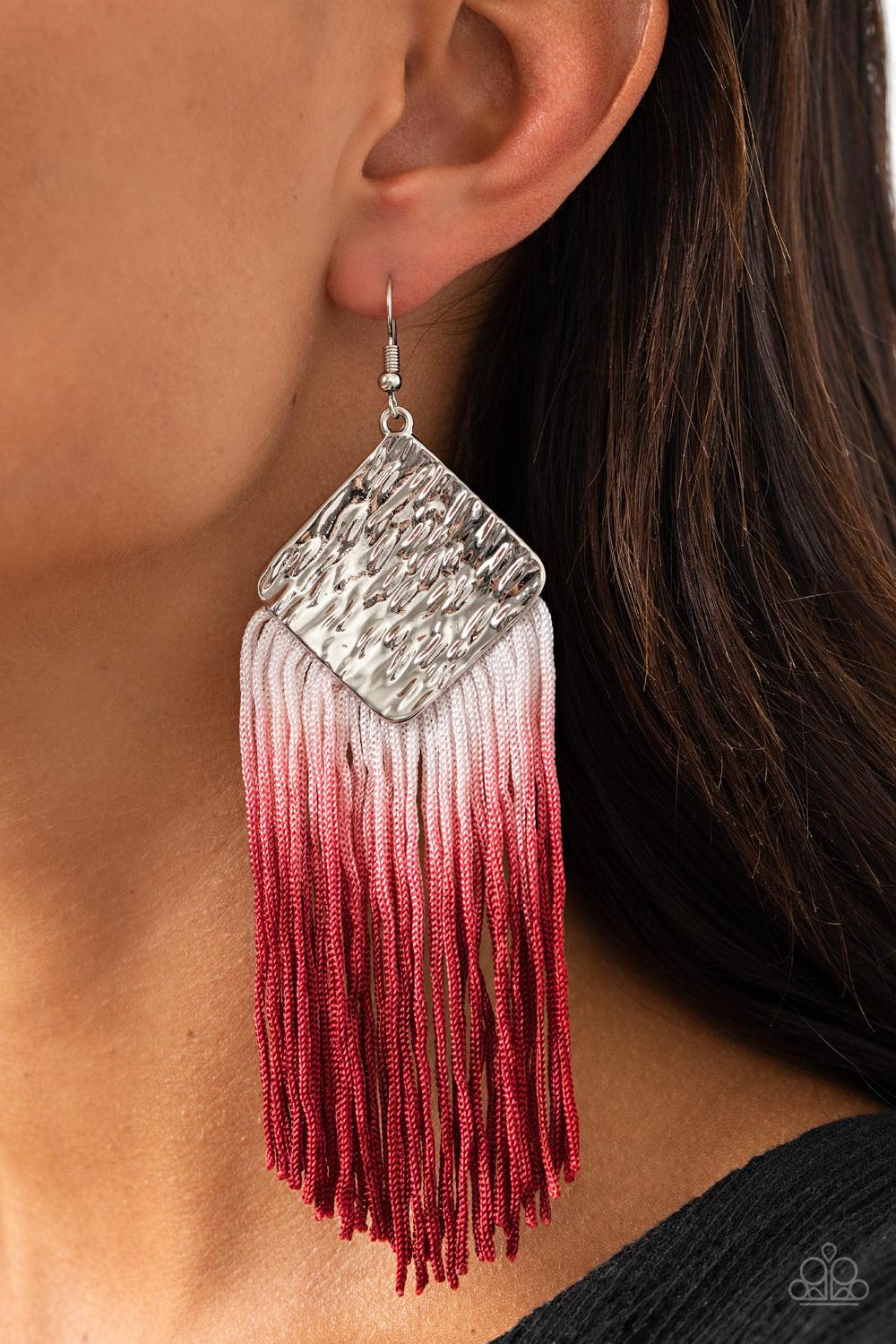 Paparazzi Accessories DIP The Scales - Red Fading from white to Samba, shiny thread dances from the bottom of a hammered silver frame, creating a flirtatious fringe. Earring attaches to a standard fishhook fitting. Sold as one pair of earrings. Jewelry