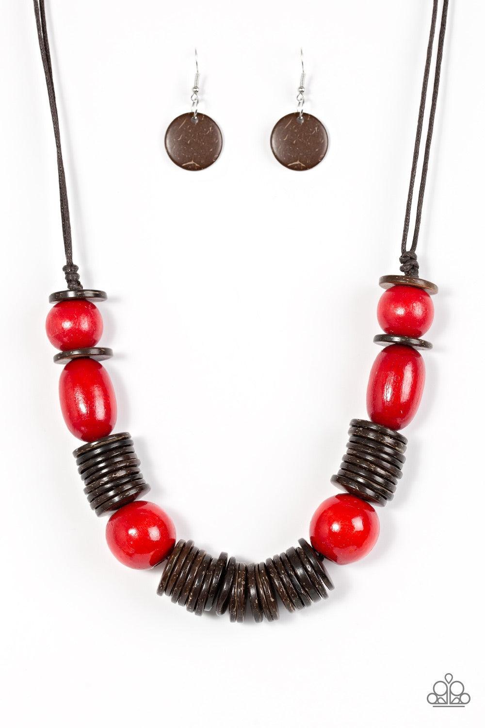 Paparazzi Accessories You Better BELIZE It - Red Brushed in a vibrant finish, red wooden beads and brown wooden discs are threaded along shiny brown cording for a summery look. Features an adjustable sliding knot closure. Jewelry