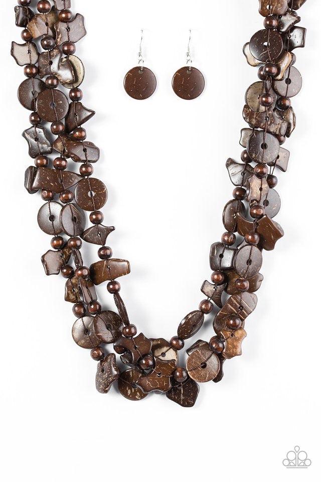 Paparazzi Accessories Living The Tropical Life ~Brown Tinted in brown hues, bits of wooden beads and discs join earthy wooden beads along an elongated strand of thread. Try double-wrapping or even triple-wrapping around the neck for a colorfully layered l