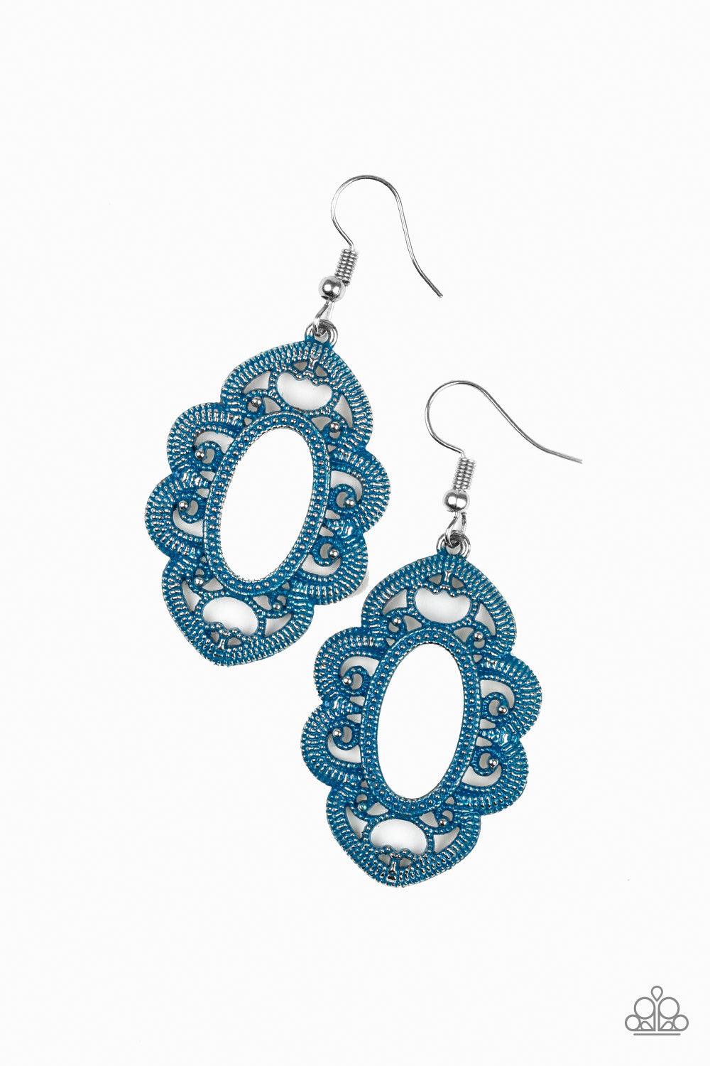Paparazzi Accessories Mantras and Mandalas - Blue Brushed in a refreshing blue finish, a studded silver filigree filled frame swings from the ear for a whimsical look. Earring attaches to a standard fishhook fitting. Jewelry