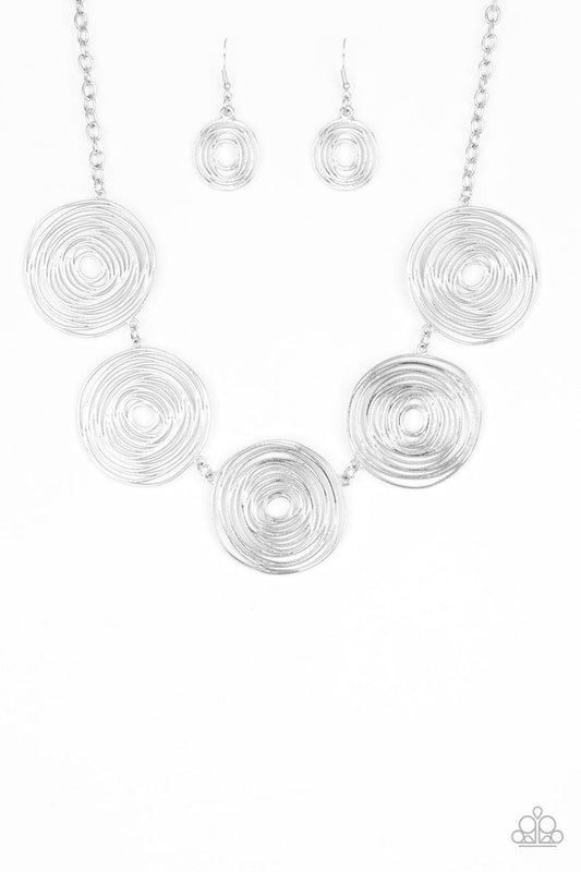 Paparazzi Accessories SOL-Mate - Silver Brushed in a high-sheen finish, swirling silver frames link below the collar for a seasonal look. Features an adjustable clasp closure. Jewelry