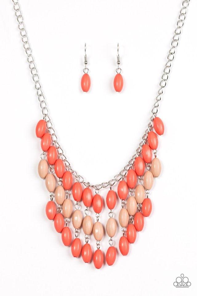 Paparazzi Accessories Delhi Diva - Orange Faceted orange and tan beads cascade from the bottom of a shimmery silver chain, creating a flirty fringe below the collar. Features an adjustable clasp closure. Jewelry