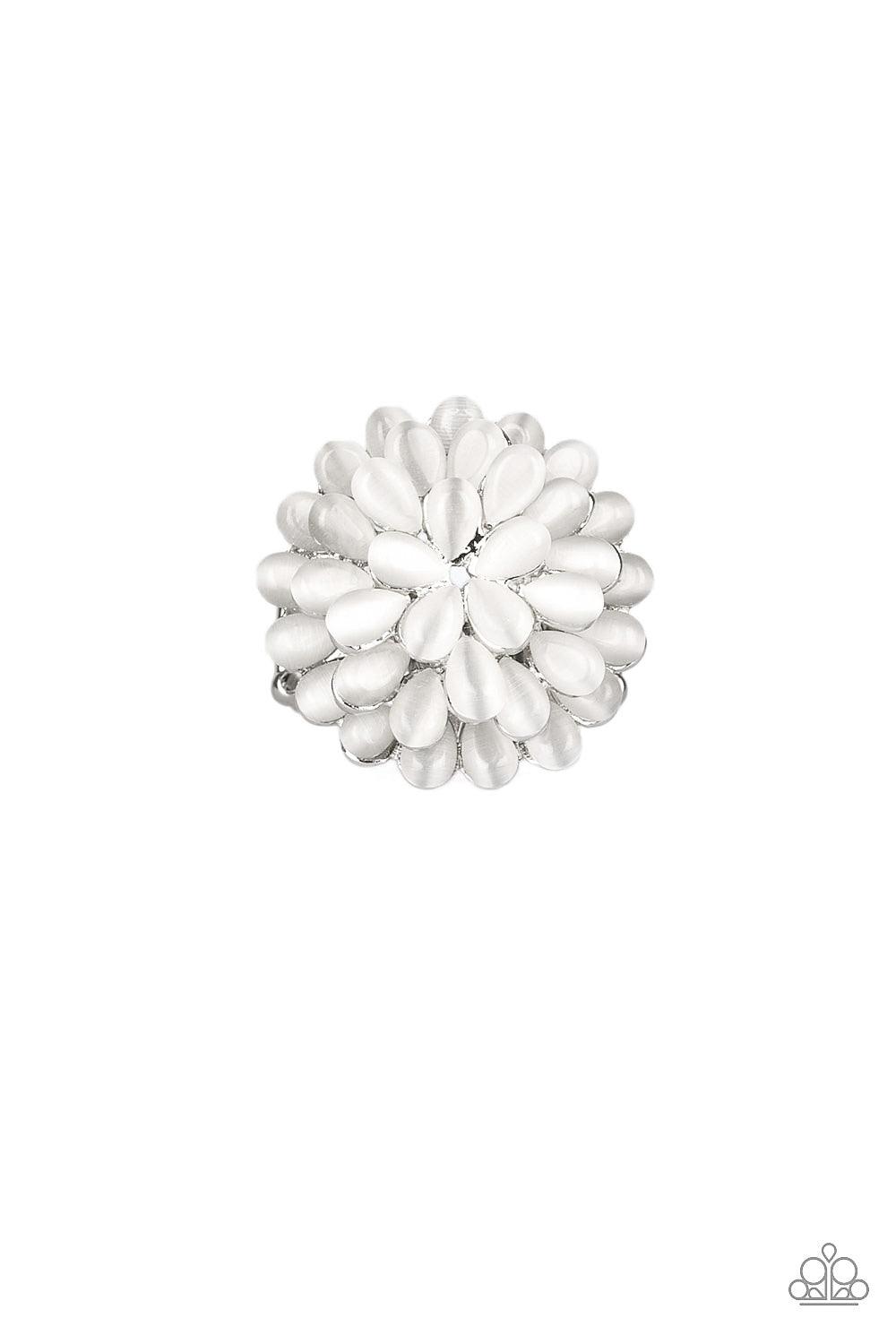 Paparazzi Accessories Bloomin Bloomer - White Row after row of teardrop cat's eye stones stack into a blast of white petals atop the finger, creating a whimsical blossom. Features a stretchy band for a flexible fit. Jewelry