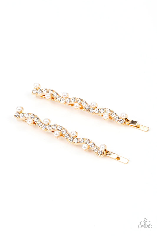 Paparazzi Accessories Ballroom Banquet - Gold Blue ribbon-like petals gather into a satin blossom, creating an elegant display. Features a standard hair clip on the back. Hair Accessories