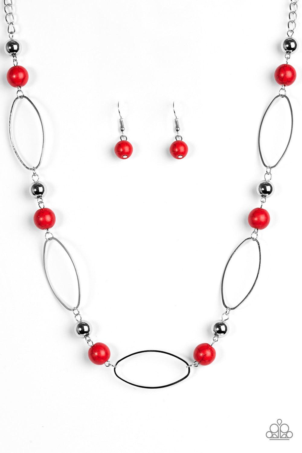 Paparazzi Accessories Simple Stonework - Red Fiery red stones and classic silver beads join airy silver hoops along a silver chain for a seasonal look. Features an adjustable clasp closure. Sold as one individual necklace. Includes one pair of matching ea
