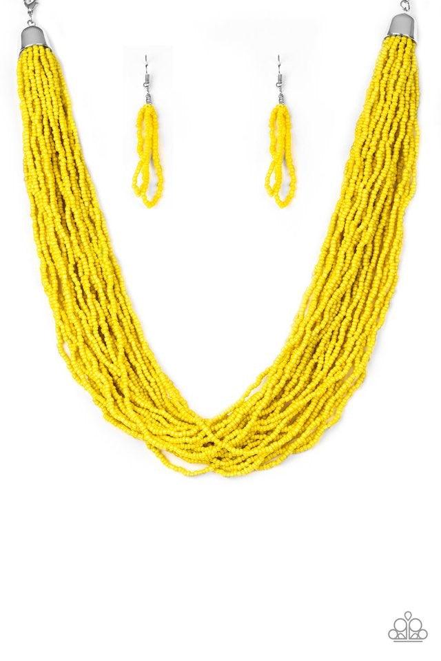 Paparazzi Accessories The Show Must CONGO On - Yellow Infused with two bold silver fittings, countless strands of yellow seed beads drape below the collar for a seasonal look. Features an adjustable clasp closure. Jewelry