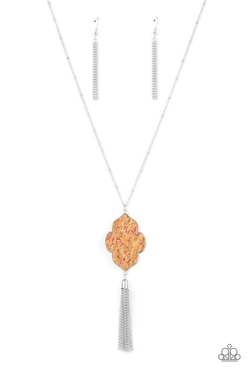 Paparazzi Accessories One Night in Casablanca - Pink Flecked in glittery pink sparkles, a scalloped cork frame is pressed into a sleek silver frame at the bottom of a dainty silver satellite chain. A classic silver chain tassel swings from the whimsical p
