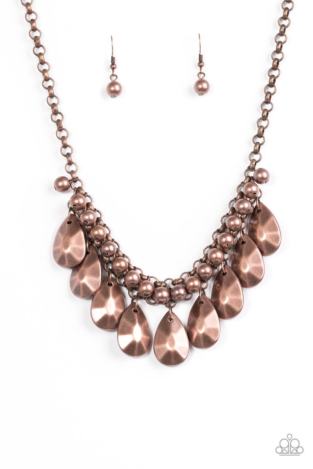 Paparazzi Accessories La DIVA Loca - Copper Faceted copper teardrops trickle from the bottom of interwoven copper chains, creating a dramatic fringe below the collar. Classic copper pearls swings from the bold chains, adding a timelessly chic finish to th
