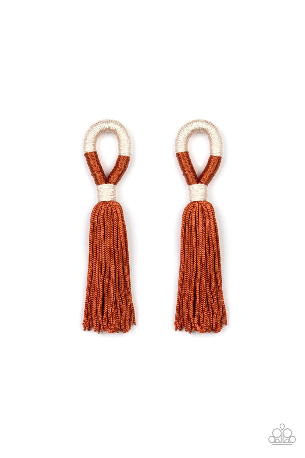 Paparazzi Accessories Moroccan Mambo - Multi Shiny off-white and Cinnamon Stick cording knots around a round fitting as a plume of soft Cinnamon Stick cording free-falls from the bottom, creating a trendy tassel. Earring attaches to a standard post fittin