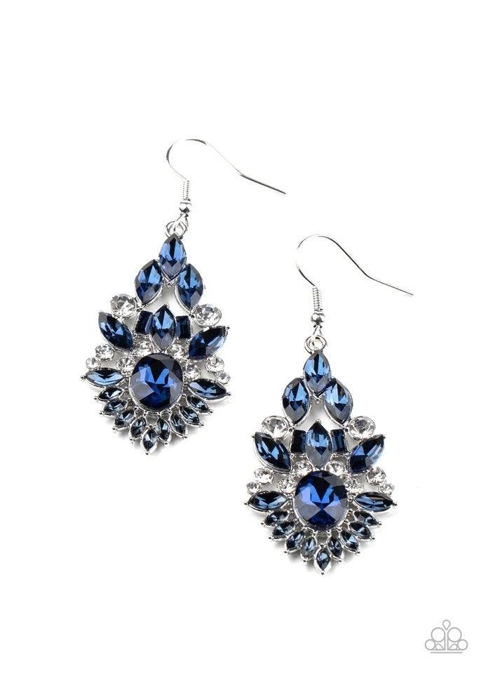 Paparazzi Accessories Ice Castle Couture - Blue Featuring an elegant variety of round, marquise, oval, and emerald style cuts, a glittery collision of blue and white rhinestones delicately coalesce into a jaw-dropping lure. Earring attaches to a standard