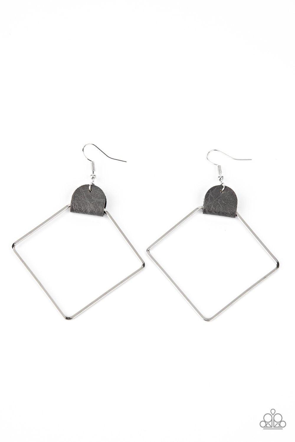 Paparazzi Accessories Friends of a Leather - Silver An airy geometric silver hoop is pinched between a dainty piece of gray leather, creating an edgy lure. Earring attaches to a standard fishhook fitting. Sold as one pair of earrings. Jewelry