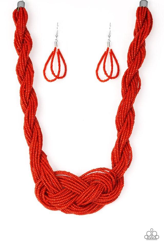 Paparazzi Accessories A Standing Ovation - Red Countless strands of red seed beads are twisted and knotted together to create an unforgettable statement piece. Features an adjustable clasp closure. Sold as one individual necklace. Includes one pair of mat