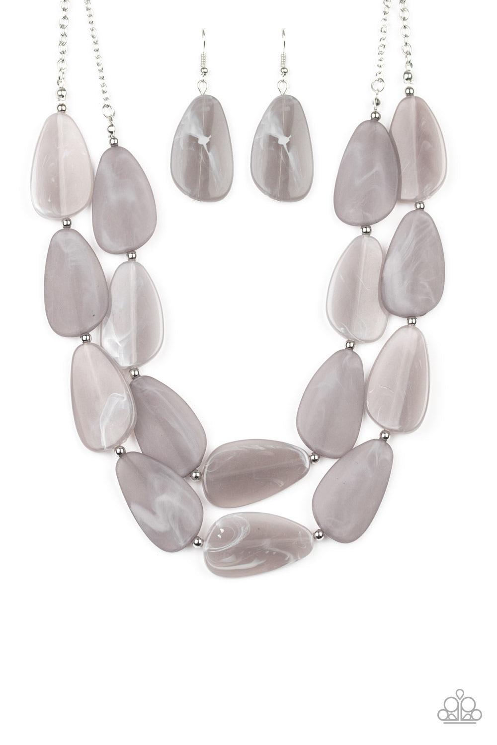 Paparazzi Accessories Colorfully Calming - Silver Featuring a faux marble finish, asymmetrical gray teardrops and dainty silver beads are threaded along invisible wires, creating two serene layers below the collar. Features an adjustable clasp closure. Je