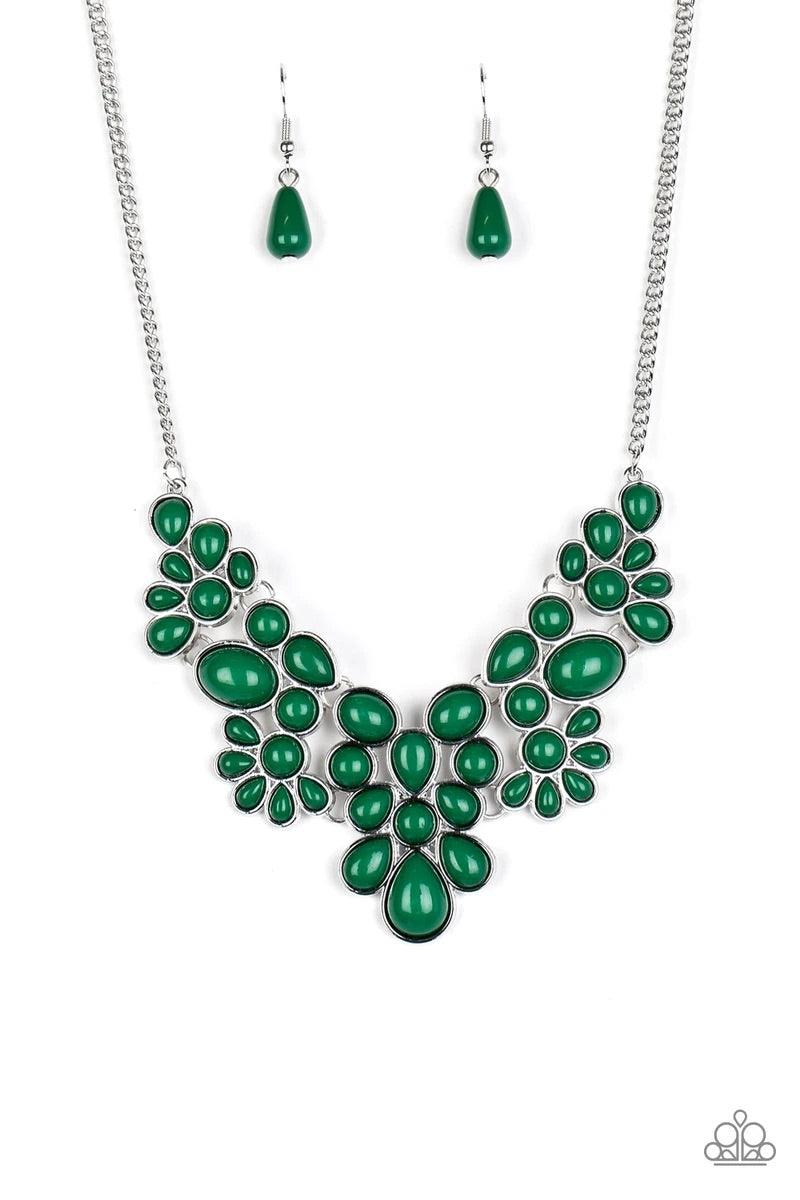 Paparazzi Accessories Bohemian Banquet - Green Featuring round, teardrop, and oval shapes, a shiny collection of dainty Ultramarine Green beads delicately link into bubbly silver frames, creating a whimsical pop of color below the collar. Features an adju