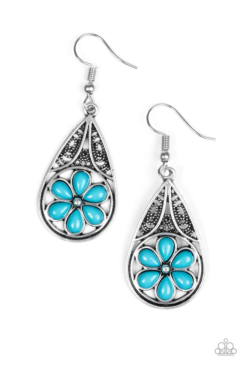 Paparazzi Accessories Countryside Cottage - Blue Refreshing blue beads are pressed into the bottom of an ornate silver teardrop, creating a whimsical floral pattern. Earring attaches to a standard fishhook fitting. Jewelry
