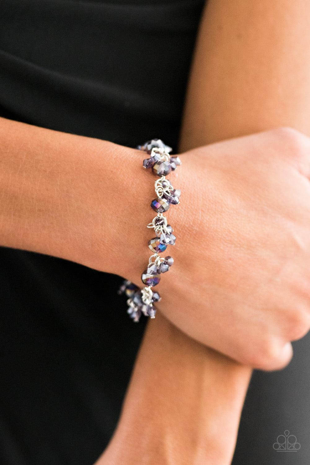 Paparazzi Accessories Oh, My Stars - Purple Glassy and faceted purple crystal beading trickles along a silver chain, creating a dramatic fringe below the collar. Featuring elegant pear-shaped cuts, iridescent crystals cluster atop the glassy gems for an i