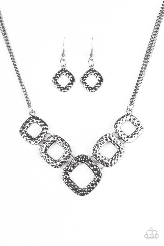 Paparazzi Accessories Wild Catch - Black Delicately hammered in shimmery textures, asymmetrical square gunmetal frames link below the collar in a bold artisanal fashion. Features an adjustable clasp closure. Sold as one individual necklace. Includes one p