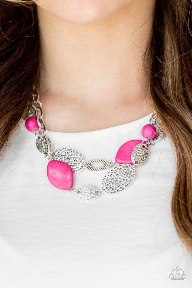 Paparazzi Accessories Second Nature - Pink Etched in shimmery textures, a chunky silver chain gives way to a collection of vivacious pink stones and hammered silver accents. Each featuring patterns derived from nature, the glistening discs join into a lay