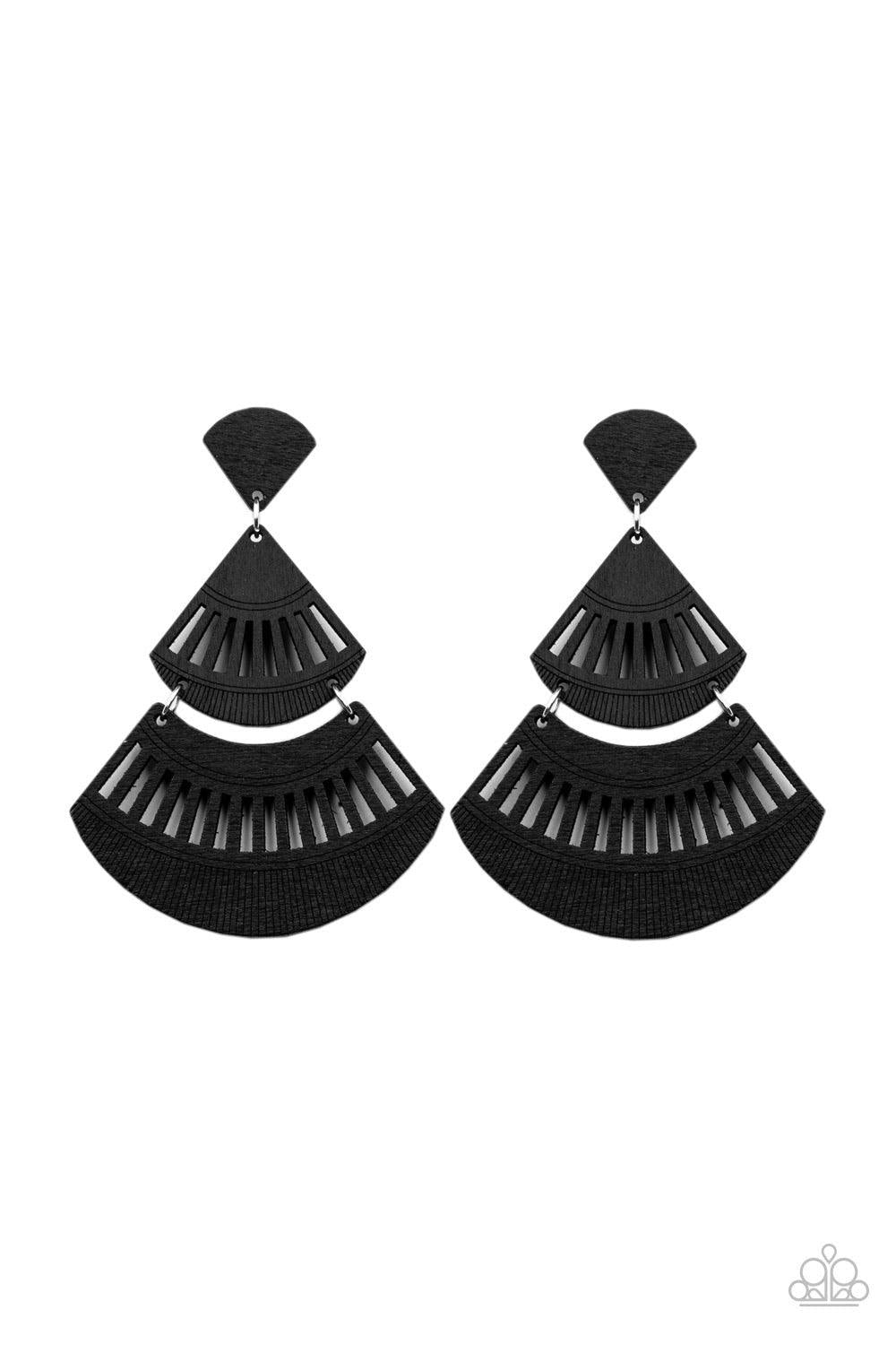 Paparazzi Accessories Oriental Oasis - Black Stenciled in airy cutout details, an earthy collection of triangular and crescent-shaped black wooden frames delicately connect into a fanned out lure. Earring attaches to a standard post fitting. Sold as one p
